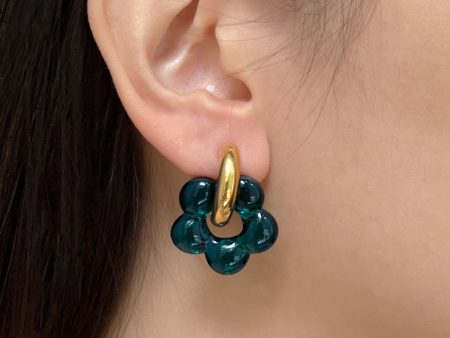 Glass Flower Donut Hoops - Dark Blue-Green Hot on Sale