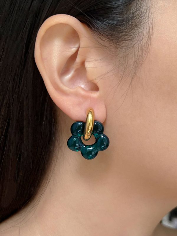 Glass Flower Donut Hoops - Dark Blue-Green Hot on Sale