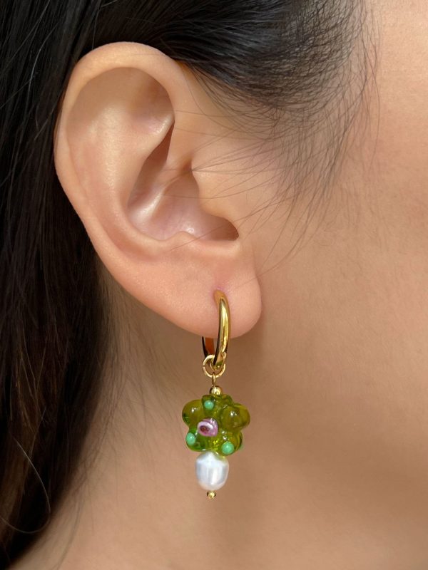 Glass Flower & Pearl Hoop Earrings - Apple green Discount