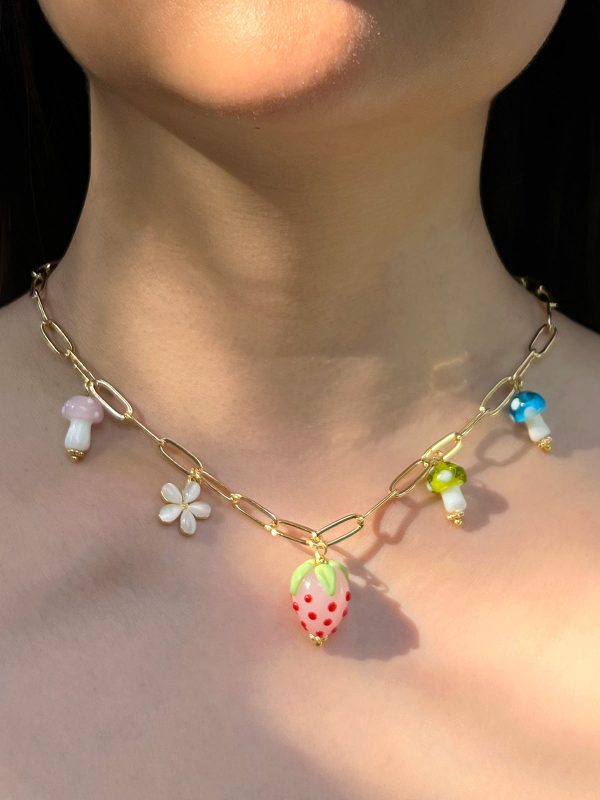 Pink Strawberry Charm Necklace with Colourful Mushrooms For Discount