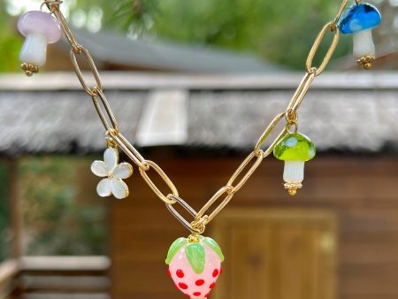 Pink Strawberry Charm Necklace with Colourful Mushrooms For Discount