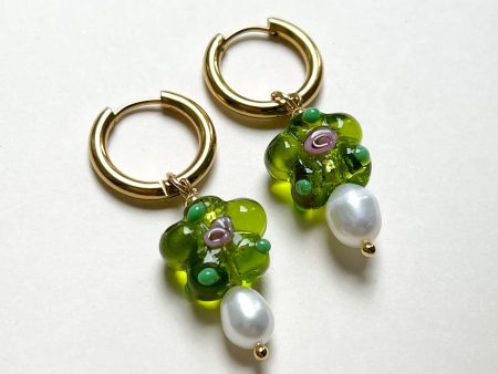 Glass Flower & Pearl Hoop Earrings - Apple green Discount