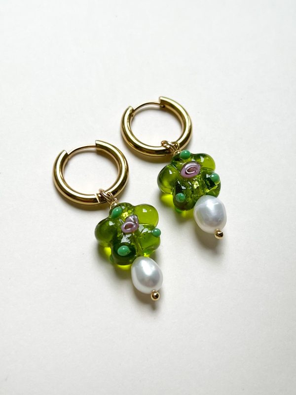 Glass Flower & Pearl Hoop Earrings - Apple green Discount