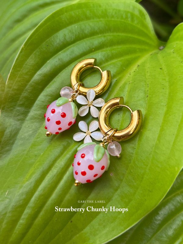 Chunky Strawberry Hoops with Assorted Charms - Pink Fashion