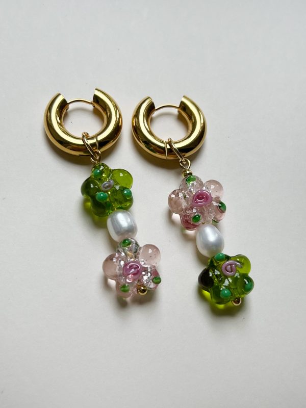 Glass Flower Asymmetric Chunky Hoops - Pink Apple Green Supply