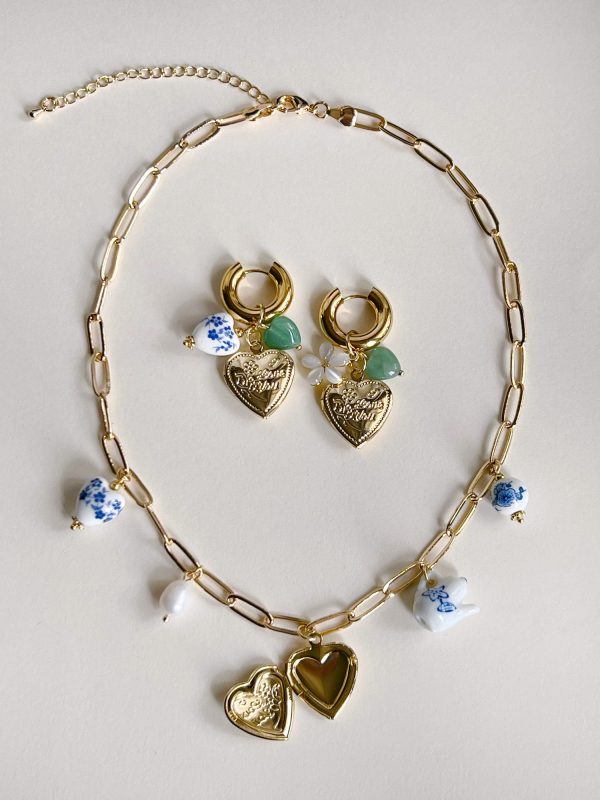 Chunky Heart Locket Hoops - Blue Ceramic Heart Green Stones Cheap