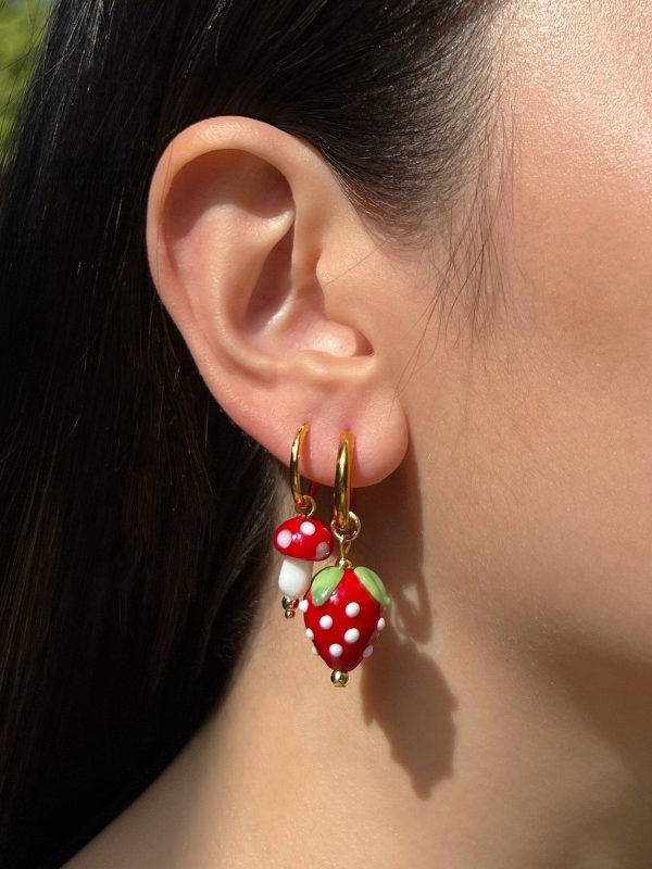 Petite Mushroom Mismatch Hoops - Red For Sale