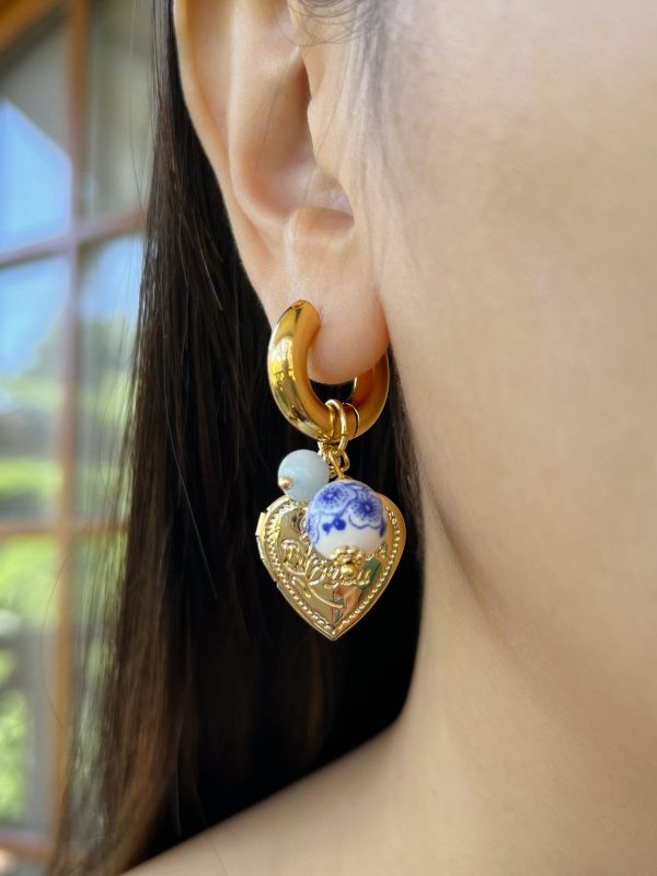 Chunky Heart Locket Hoops - An Eclectic Cup of Tea Blue Stones For Cheap