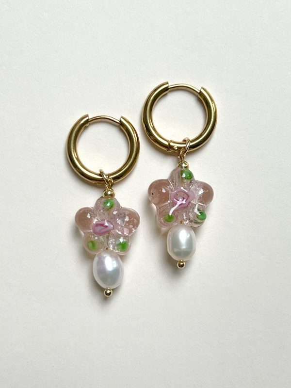 Glass Flower & Pearl Hoop Earrings - Pink Online now