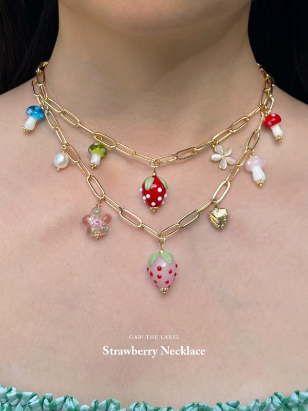 Pink Strawberry Charm Necklace with Petite Locket Cheap