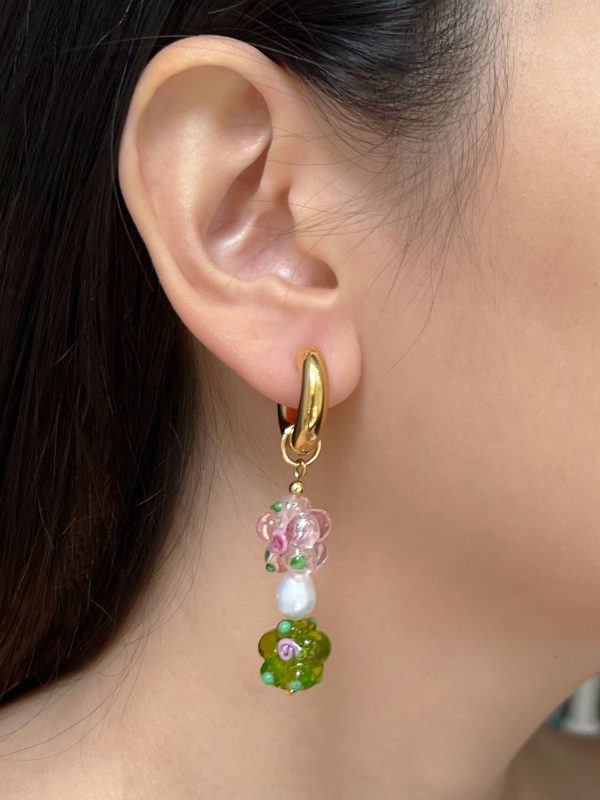 Glass Flower Asymmetric Chunky Hoops - Pink Apple Green Supply