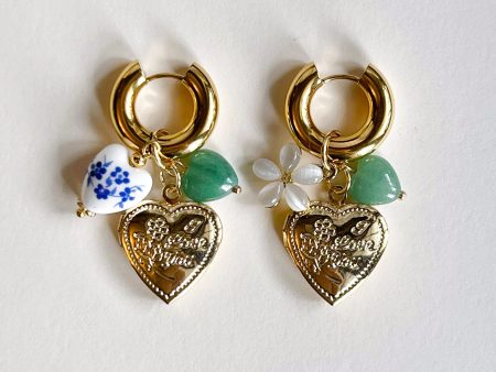 Chunky Heart Locket Hoops - Blue Ceramic Heart Green Stones Cheap