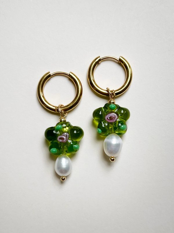 Glass Flower & Pearl Hoop Earrings - Apple green Discount