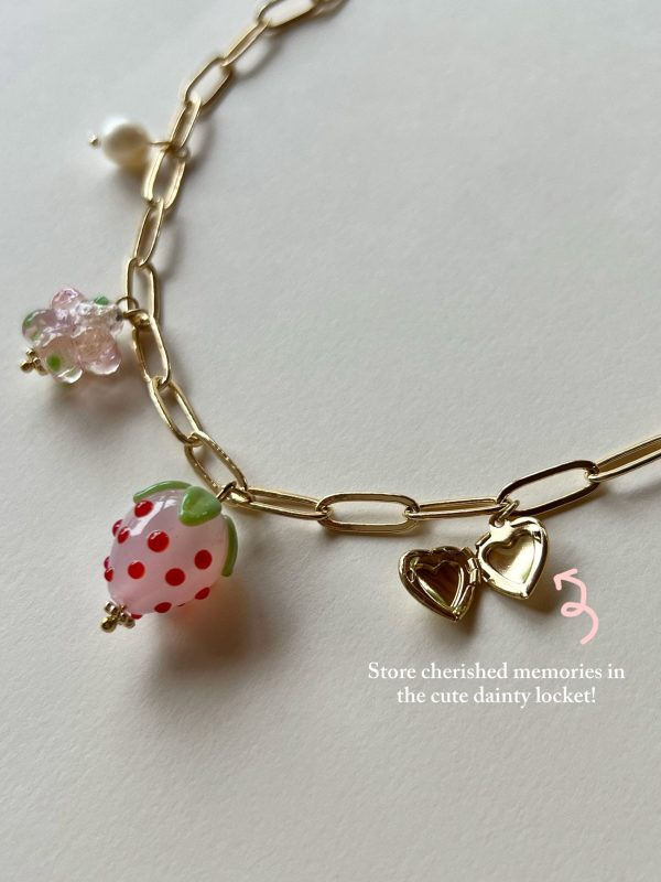 Pink Strawberry Charm Necklace with Petite Locket Cheap