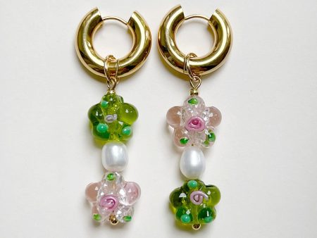 Glass Flower Asymmetric Chunky Hoops - Pink Apple Green Supply