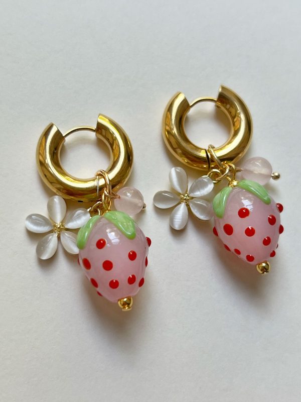 Chunky Strawberry Hoops with Assorted Charms - Pink Fashion