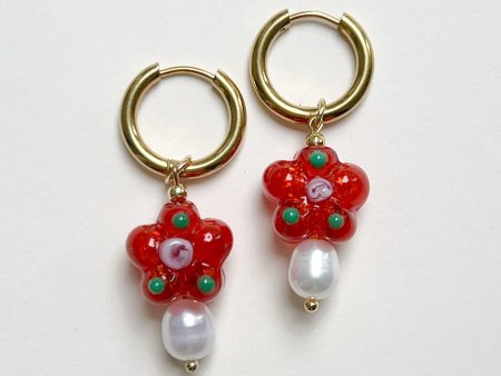 Glass Flower & Pearl Hoop Earrings - Orange Sale