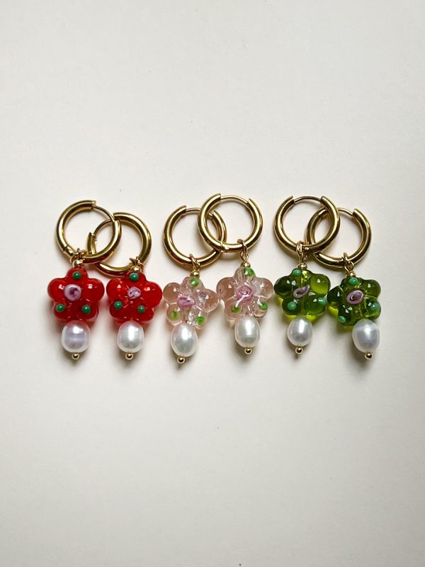 Glass Flower & Pearl Hoop Earrings - Pink Online now