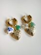 Chunky Heart Locket Hoops - Blue Ceramic Heart Green Stones Cheap