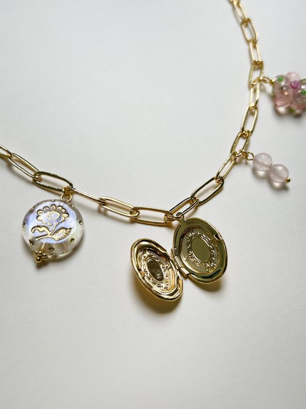 Oval Locket Charm Necklace - Glass Flower Crystals Supply