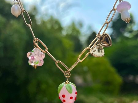 Pink Strawberry Charm Necklace with Petite Locket Cheap