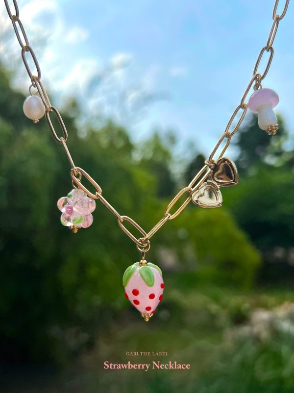 Pink Strawberry Charm Necklace with Petite Locket Cheap