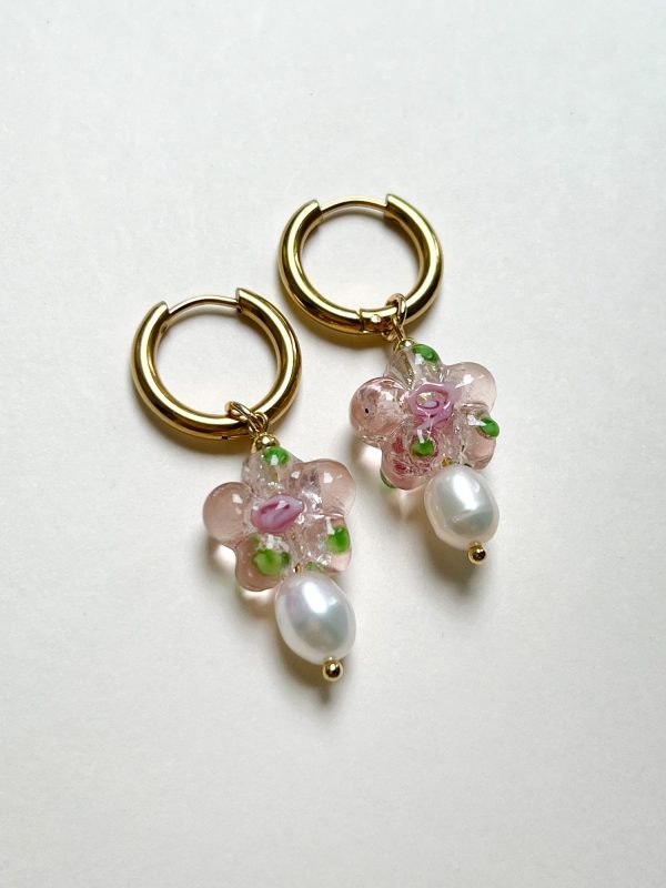 Glass Flower & Pearl Hoop Earrings - Pink Online now